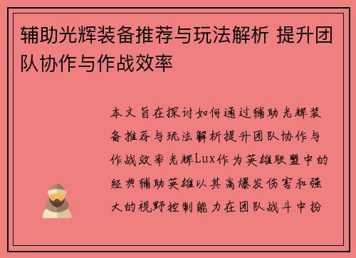 辅助光辉装备推荐与玩法解析 提升团队协作与作战效率