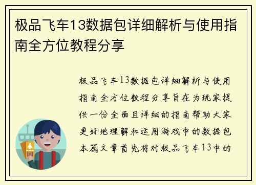 极品飞车13数据包详细解析与使用指南全方位教程分享